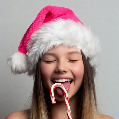 Girl licking candy cane in Santa hat