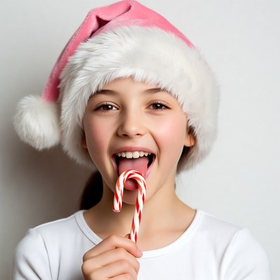 Girl licking candy cane with Santa hat