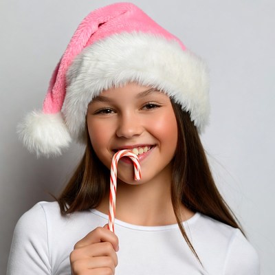 Girl licking candy cane in Santa hat