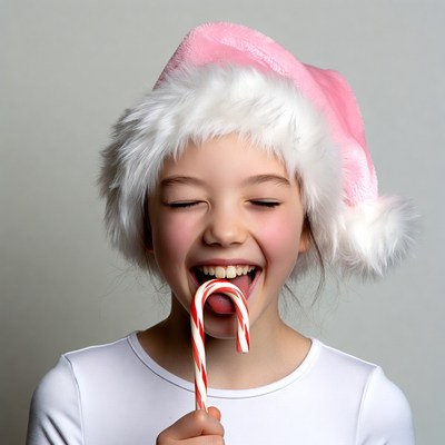 Girl eating pink candy cane Santa hat
