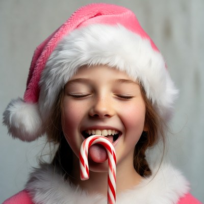 Girl licking candy cane Santa hat