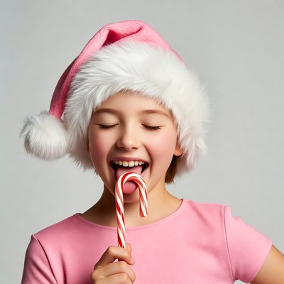 Girl eating pink candy cane Santa hat