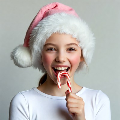 Girl licking pink Santa hat candy cane