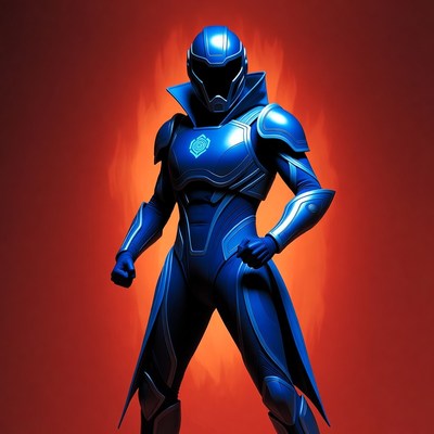 Blue armored warrior in fiery background