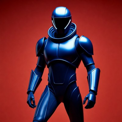 Blue armored astronaut on red background