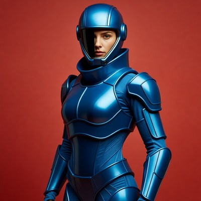 Woman in Blue Spacesuit on Red Background