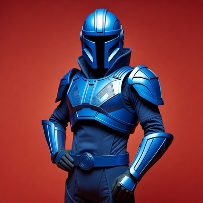 Blue Mandalorian armor on red background