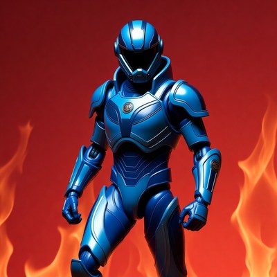 Blue Armored Power Ranger on Fiery Background