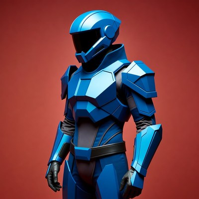 Blue armored astronaut helmet on red background
