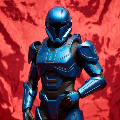 Blue Mandalorian Armor on Red Background