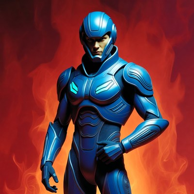Blue Armored Man in Flames