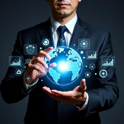 Businessman holding digital globe