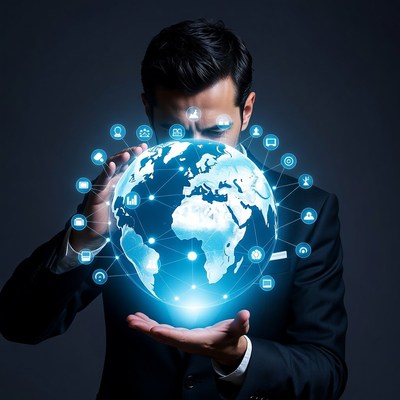 Man holding digital globe