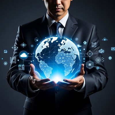 Asian man holding digital globe