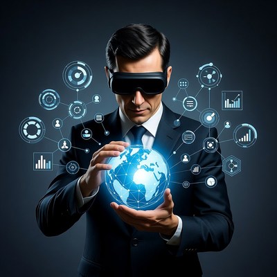 Businessman Holding Glowing Globe in VR