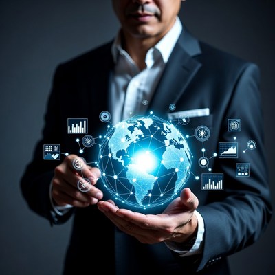 Asian man holding digital globe