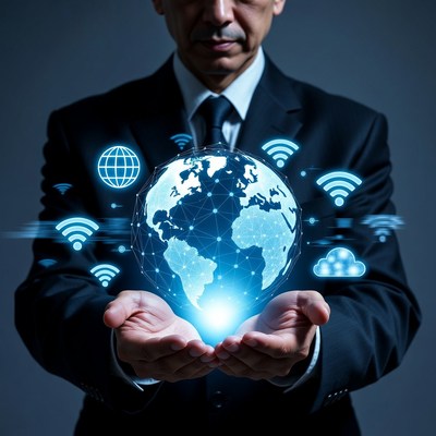 Businessman holding glowing globe