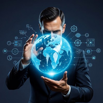 Man holding holographic globe