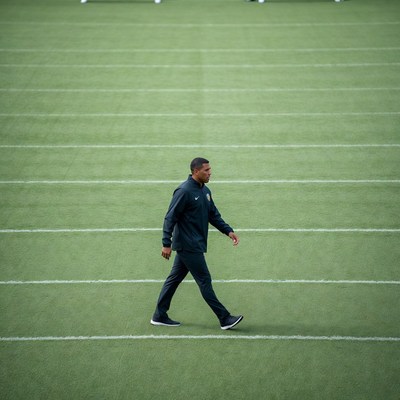 African-American man walking on soccer field