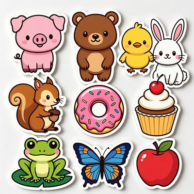 Cute Cartoon Animals and Food Icons