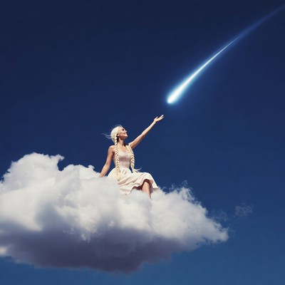 Woman reaching for shooting star on clouds