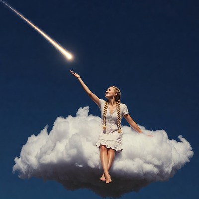 Woman reaching for shooting star on cloud