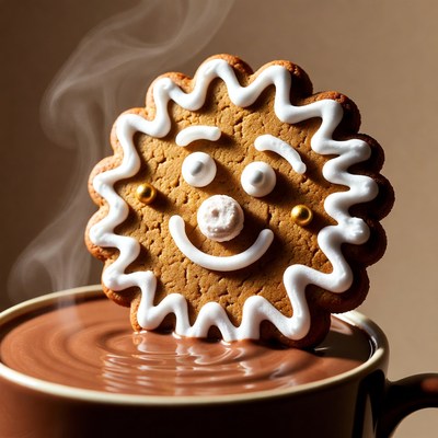 Smiling gingerbread sun cookie in hot chocolate