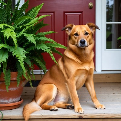 Red dog sitting by red door