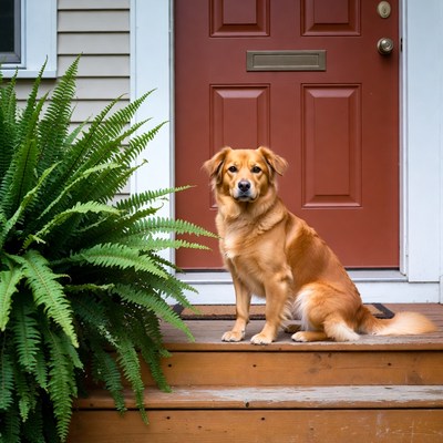 Golden Retriever sitting by front door