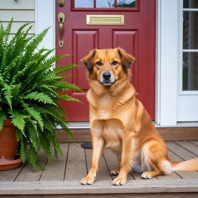 Golden dog sitting by red door