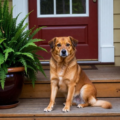 Red dog sitting on porch steps