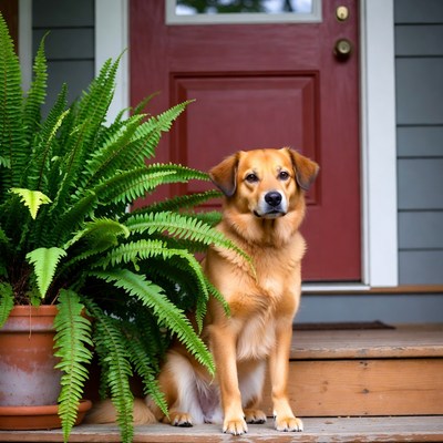 Golden Retriever sitting by red door