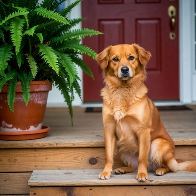 Golden Retriever sitting by red door