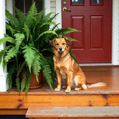 Golden Dog Sitting by Red Door