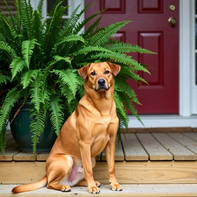 Rhodesian Ridgeback sitting by red door