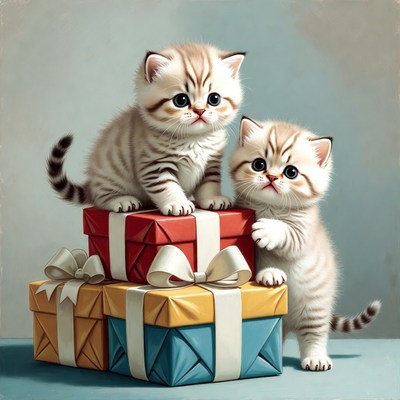 Two British Shorthair Kittens on Gift Boxes