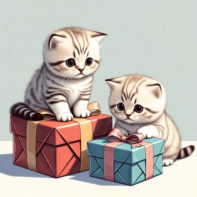 Two British Shorthair Kittens on Gift Boxes
