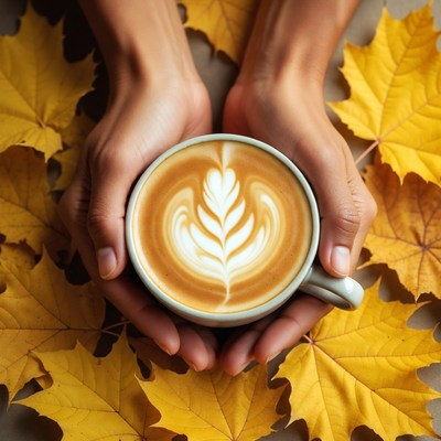Hands holding latte surrounded by autumn leaves