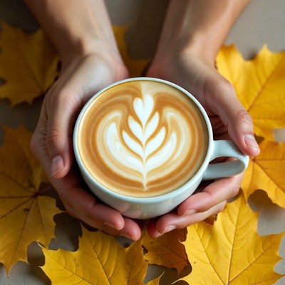 Hands holding latte with leaf art