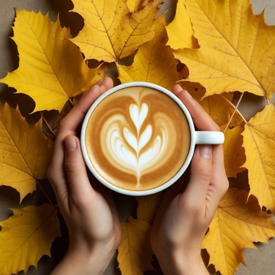 Hands holding latte surrounded by yellow leaves