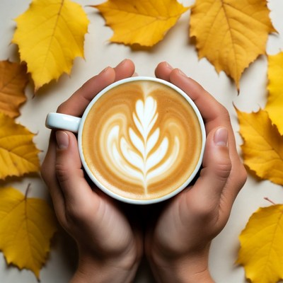 Hands holding latte with fall leaves