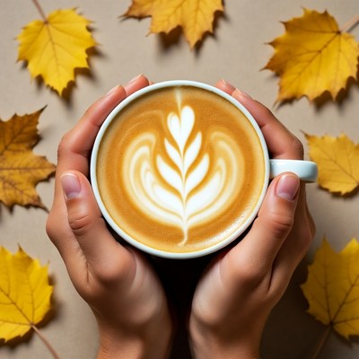 Hands Holding Latte with Autumn Leaves