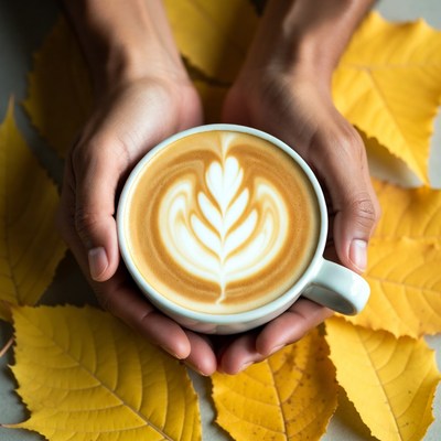 Hands holding latte with yellow leaves