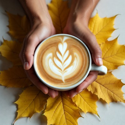 Hands holding latte with autumn leaves