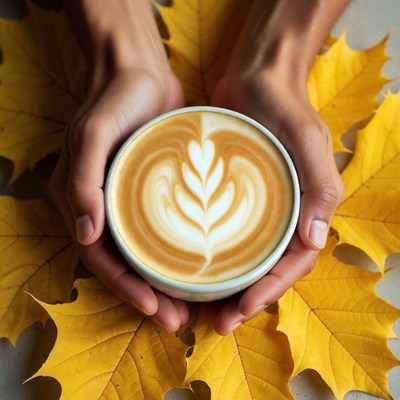 Hands holding latte with fall leaves