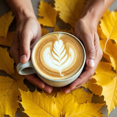 Hands Holding Latte with Leaf Art