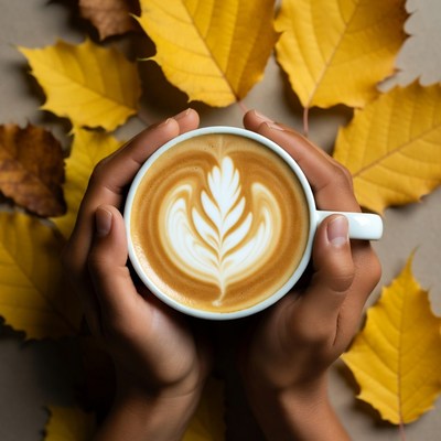 Hands holding latte with autumn leaves