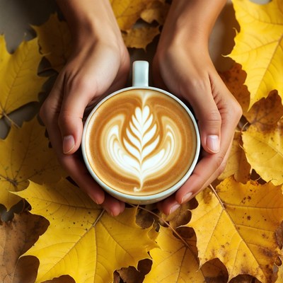 Woman holding latte with fall leaves