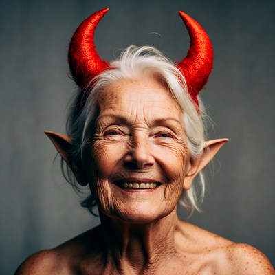 Elderly woman with red devil horns