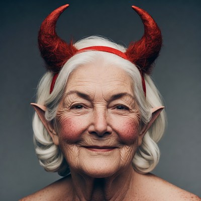 Elderly woman with red devil horns